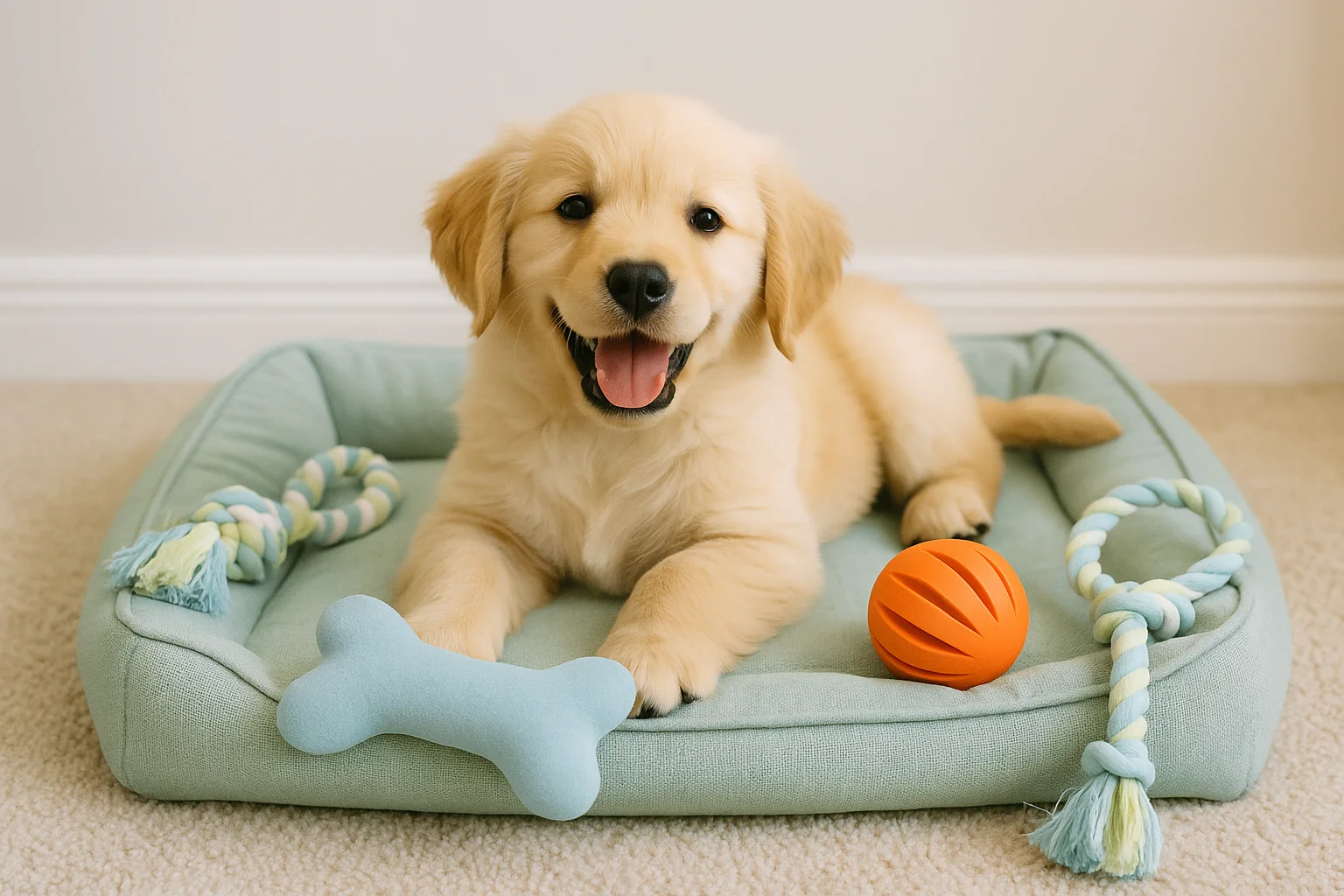 Ai-generated image of a Golden retriever puppy laying in his bed surrounded by toys. He is looking happy
