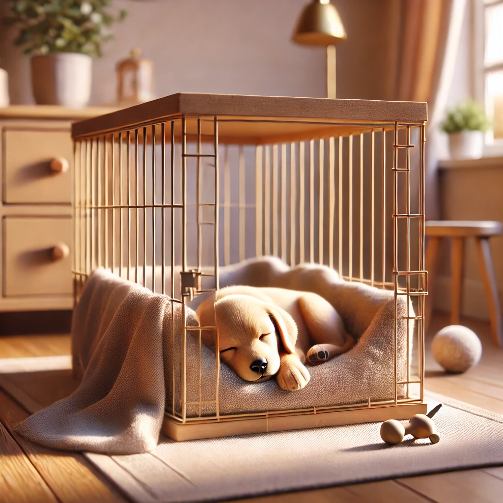 AI-generated image of a young Golden Retriever puppy who is sleeping in his crate. His crate is set in a warm and cozy environment.