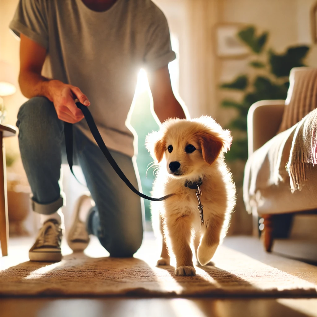 AI-generated image of a young golden retriever puppy on a lead. The lead is held by his new owner who is sitting on on knee next to the dog. He is introducing the puppy to his new house, with the image being in the living room.