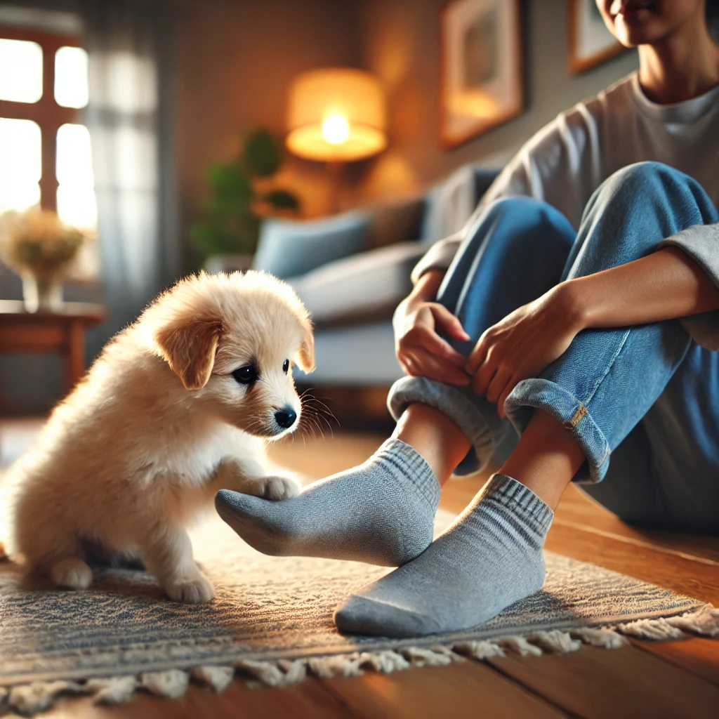 AI-generated image of a woman sitting on the floor in the living room, leaning against the sofa. She has a Golden Retriever puppy who has 1 paw on her foot and sniffing her foot. She is being introduced to a new member of the family.