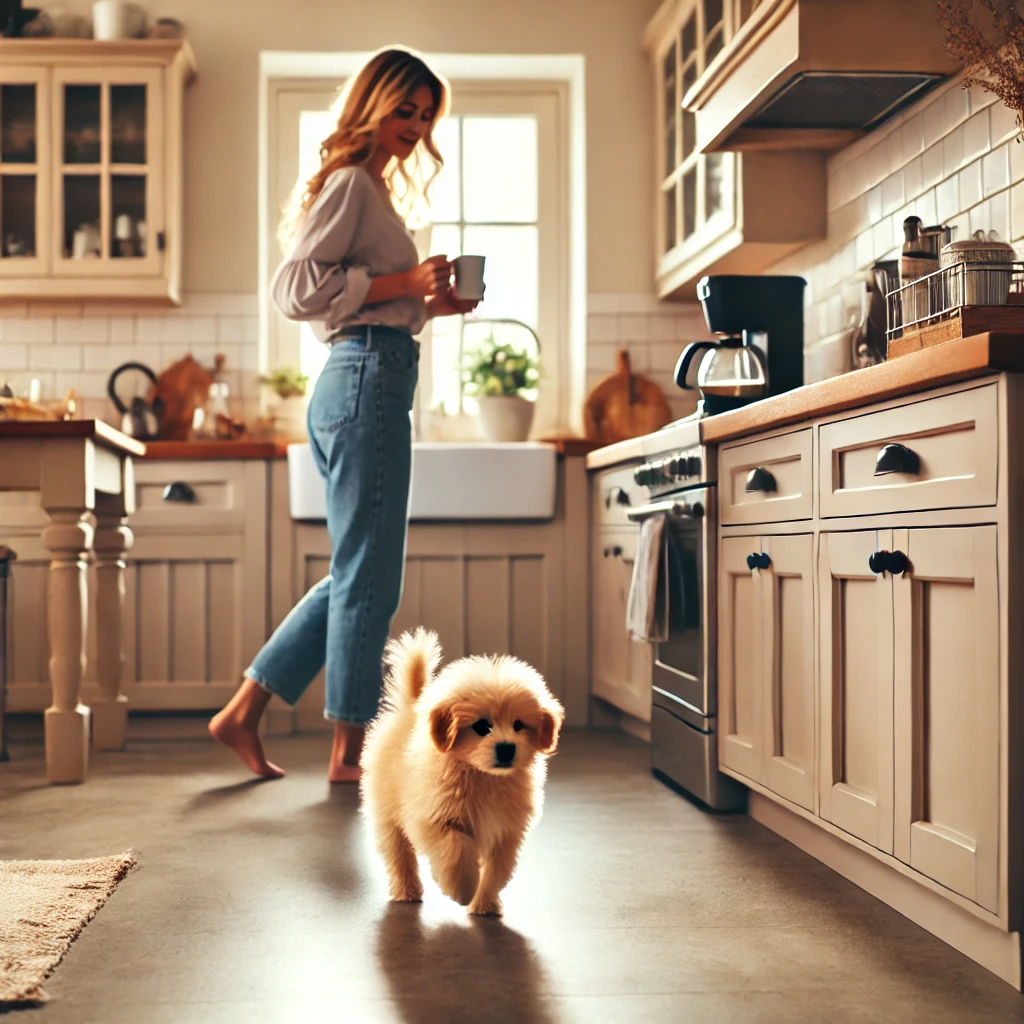 AI-generated image of a woman in the kitchen. She has just made herself a cup of coffee. Her young Golden Retriever puppy has followed her to the kitchen. The dog is allowed into the kitchen and this way the woman can supervise her new puppy.