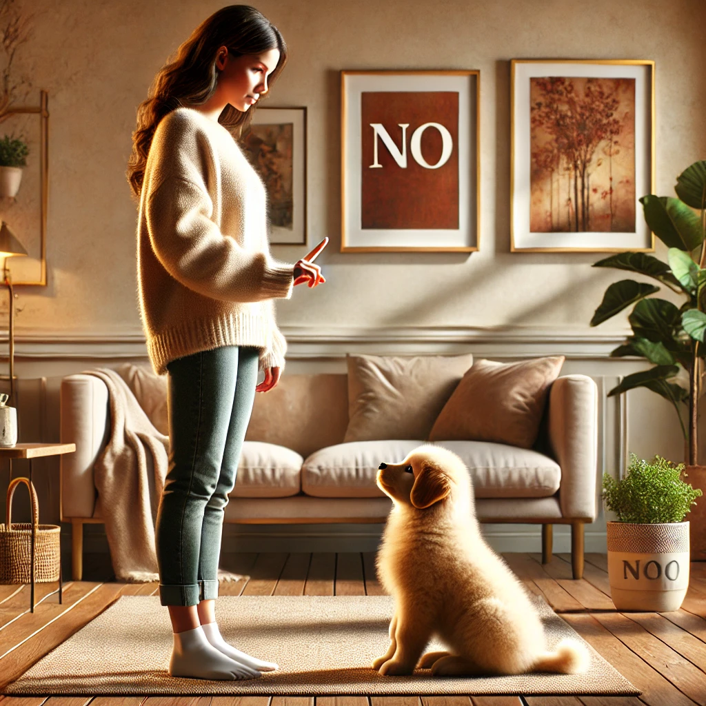 AI-generated image of a woman standing in her living room. Her puppy is sitting in front of her and the woman is gesturing 'no' with her finger. She is teaching the puppy rules and boundaries.