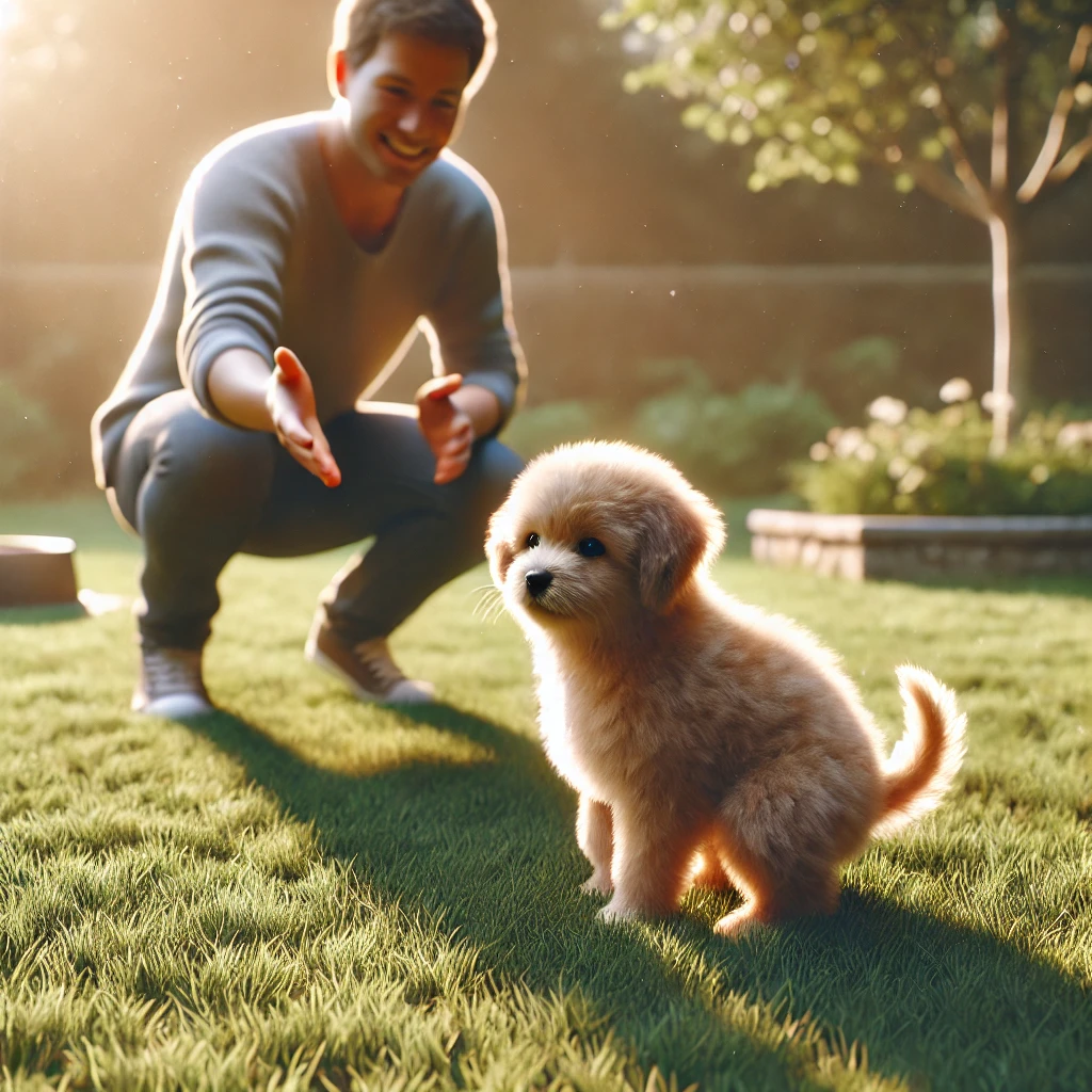 An AI-generated image of a young puppy going potty outside in the grass. His owner is encouraging him.