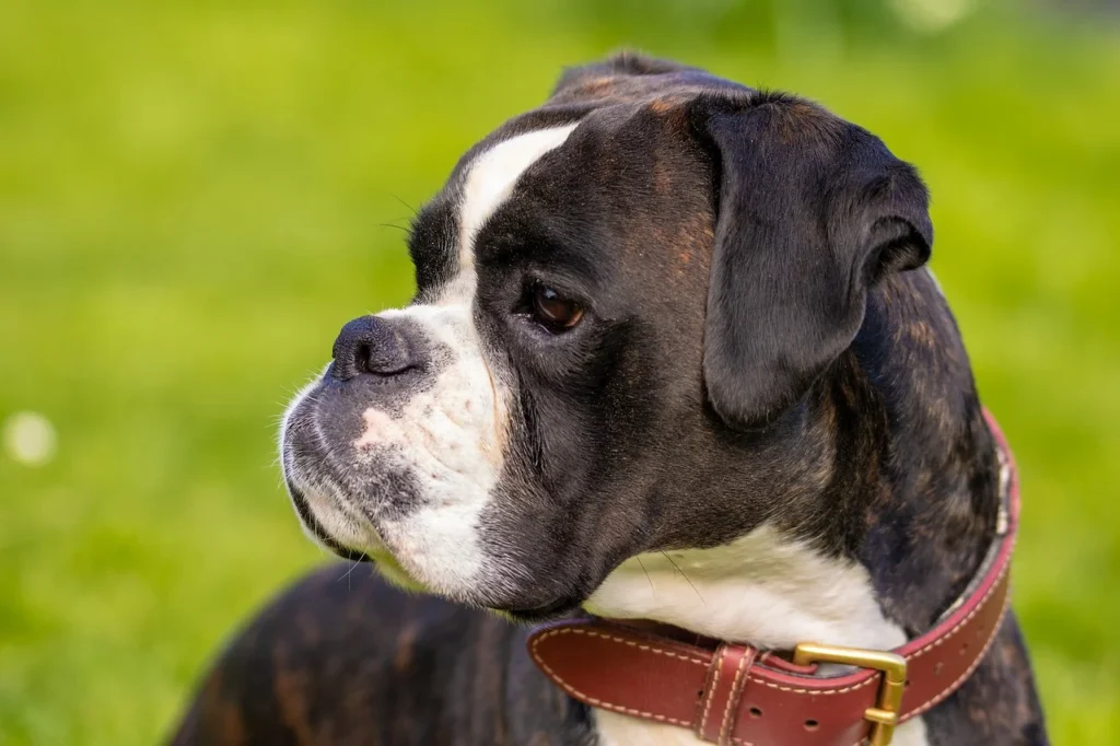 Black and white Boxer with some brown flecks.