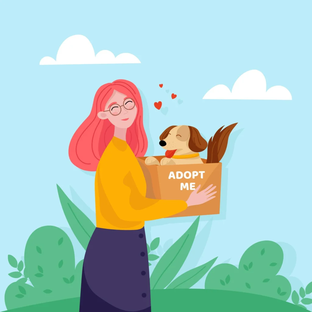 A cartoon-style image of a woman walking outside. She is holding a box with a dog in it. The dog looks happy, there are heart icons between the dog and the woman. The box has text on it saying "adopt me".