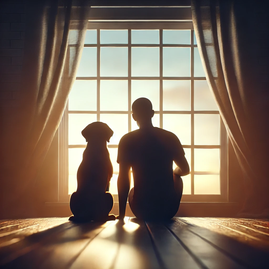 DALL·E 2025 03 02 14.04.51 A realistic silhouette of a person and a dog sitting together looking out a window. The scene suggests companionship and a new beginning. The window