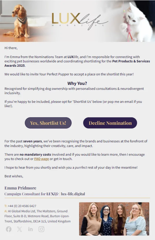 The nomination shortlist email I received. The email states who they are, why I am shortlisted for the nomination and whether or not I want to accept.