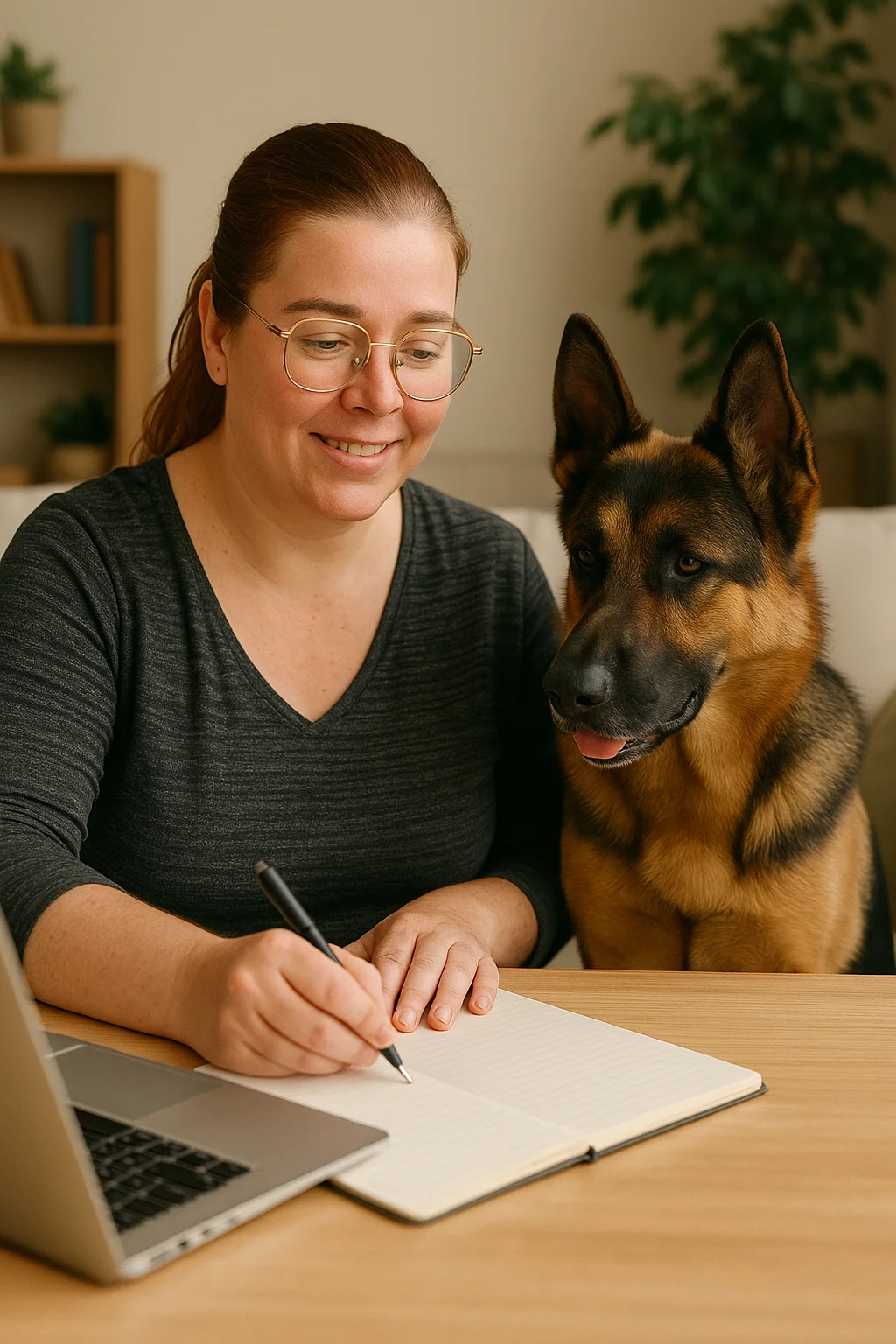 A woman with glasses and a warm smile sits calmly outdoors beside a relaxed German Shepherd, both looking content and connected in a peaceful, natural setting.