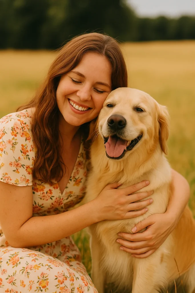 A joyful woman in a floral dress embraces a smiling Golden Retriever in a sunny field, reflecting warmth.