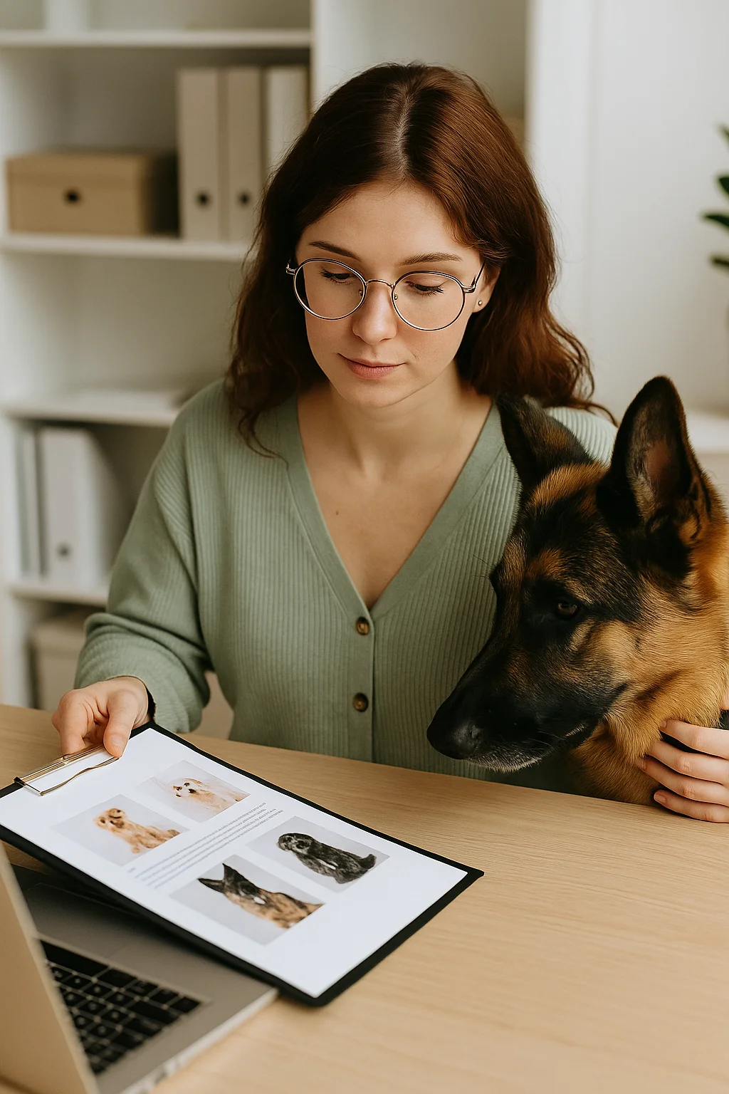 A woman in glasses and a sage-green cardigan reviews a dog breed report at her desk, gently resting her hand on a German Shepherd beside her, symbolizing trust and expertise in breed matching. Contact Me