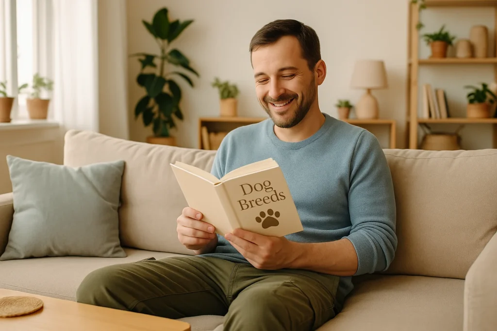 A relaxed man sitting on a cosy sofa in a bright, homely living room, reading a dog breed book while thoughtfully considering his future dog. Contact Me