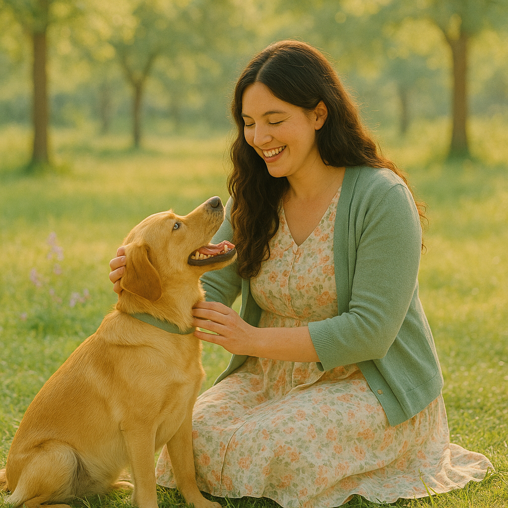 A joyful young woman with long, wavy dark brown hair sits cross-legged on soft grass in a sunlit park, wearing a light floral dress and pale green cardigan. She gently pets her medium-sized golden-colored retriever mix, which looks up at her with an open, happy expression. Dappled golden-hour sunlight filters through leafy trees, highlighting muted lavender wildflowers and pale green foliage in the background. The scene feels calm, warm, and inviting.
Guides & Tips to become a confident first-Time Dog Owner