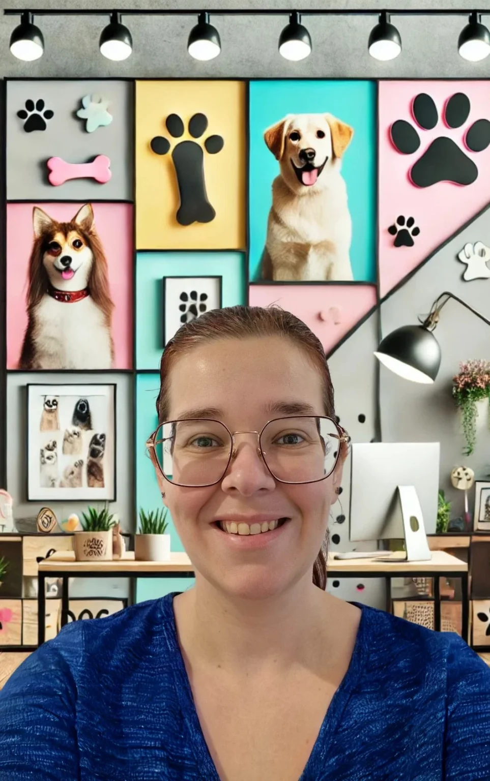 About me:Nathalie with a vibrant office background with dogs and dog-related pictures on the wall.