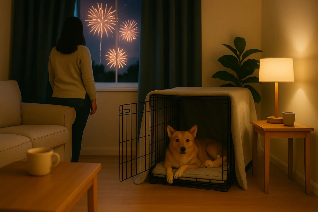 It's night time, there is fireworks going on outside. Inside, a woman is looking at the fireworks from her living room. Next to her is a crate with a dog. The crate is covered on all sides except the front and the crate door is open. The dog is lying on a comfortable bed and there are toys as well. He is learning to be relaxed in his safe space.
