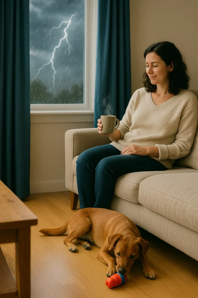 A thunderstorm is going on outside. Inside, a woman is sitting on the sofa with a nice hot cup of coffee. She is looking relaxed as her previously anxious dog is now less anxious by being occupied with a Kong toy. The dog is lying on the floor in front of the sofa with a red Kong toy.