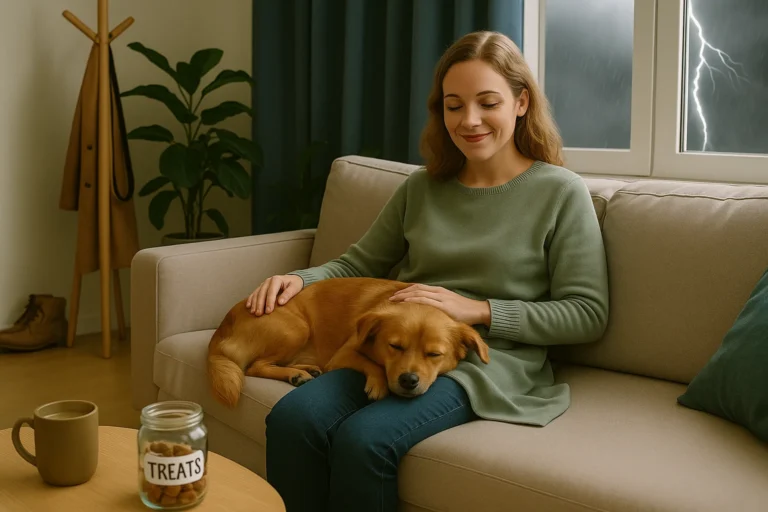 A cozy living room, a woman is sitting on the sofa with her dog snoozing besides her. The dog has his head on the woman's lap. Outside, there is a thunderstorm. Guides and Tips to Become a Confident First-Time Dog Owner