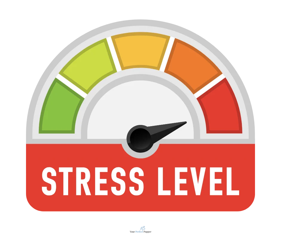 A stress level gauge graphic showing green to red. The arrow is pointing to red, indicating a high stress level.