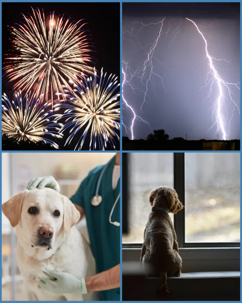 4-picture collage: top left showing fireworks, top right lightning, bottom right a dog alone staring out the window, and bottom left a dog feeling uncomfortable at the vet's office